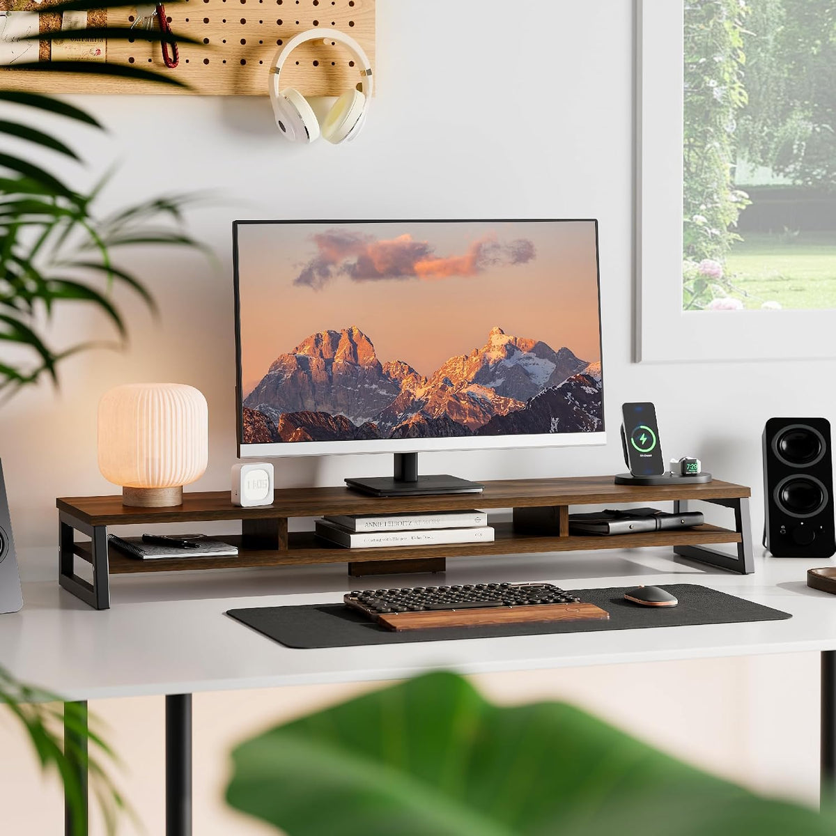 Dual Monitor Riser for Desk, Open Shelf with 3 Storage Compartments