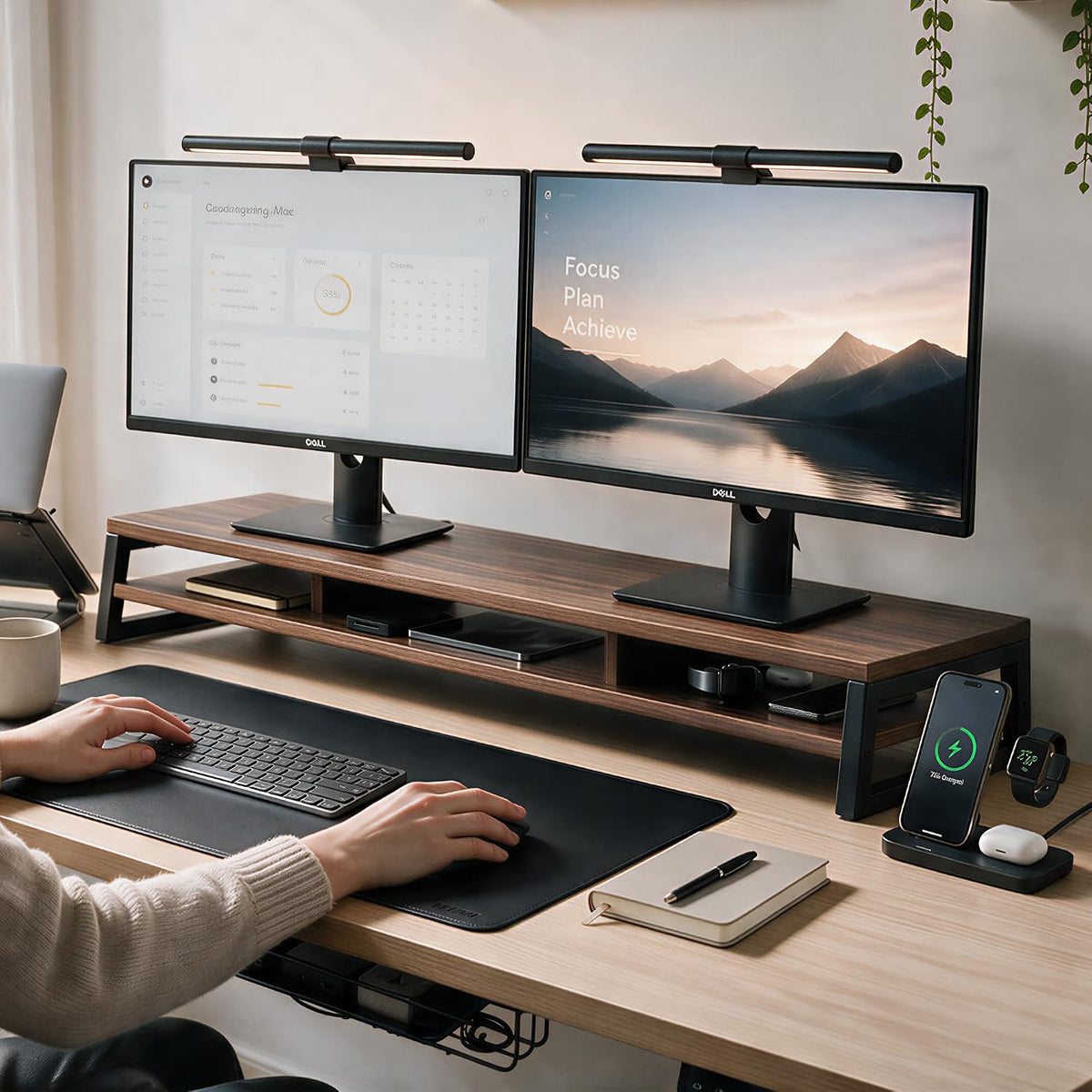 Dual Monitor Riser for Desk, Open Shelf with 3 Storage Compartments