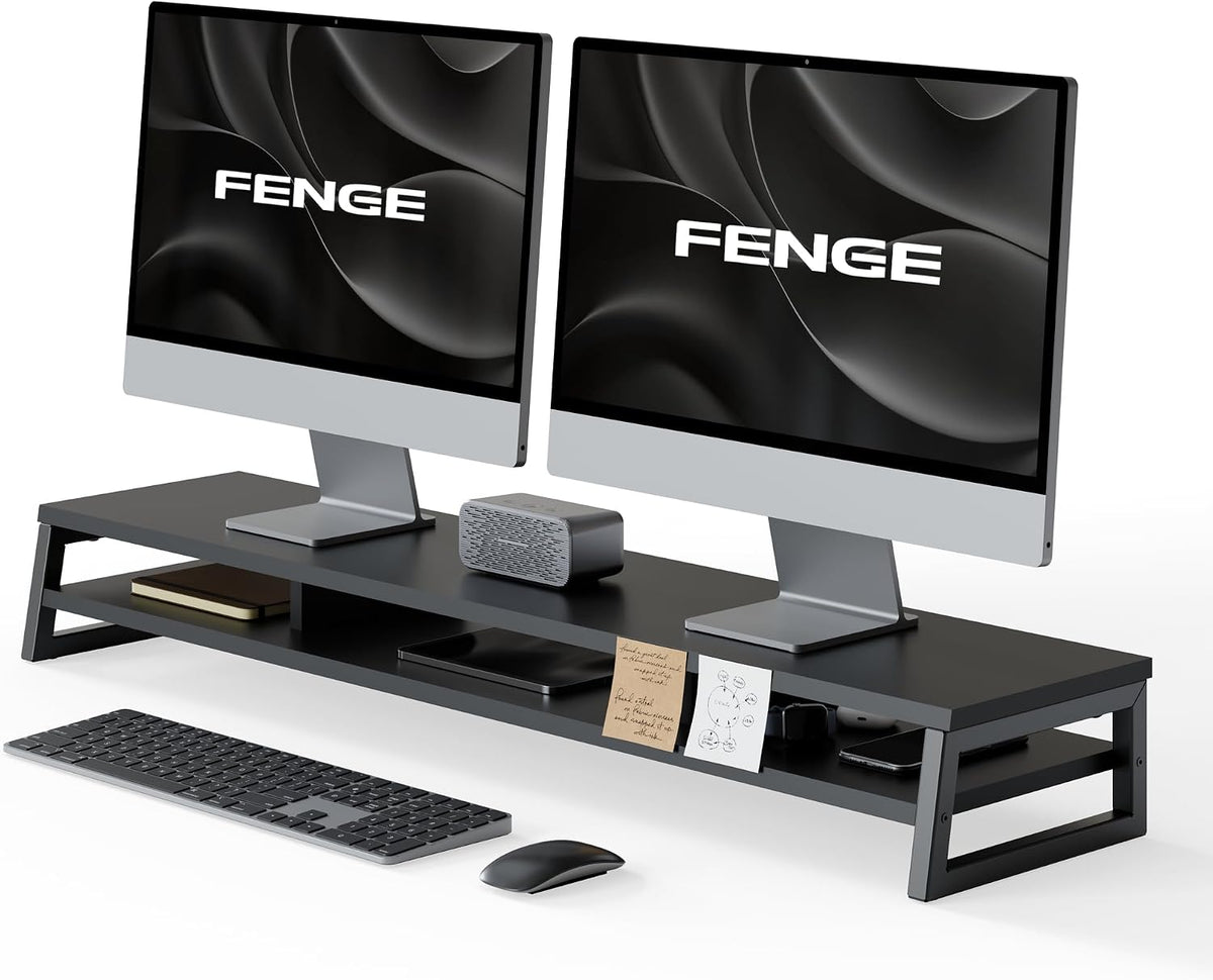 Dual Monitor Riser for Desk, Open Shelf with 3 Storage Compartments