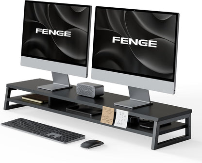 Dual Monitor Riser for Desk, Open Shelf with 3 Storage Compartments