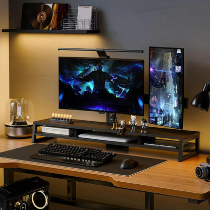 Dual Monitor Riser for Desk, Open Shelf with 3 Storage Compartments