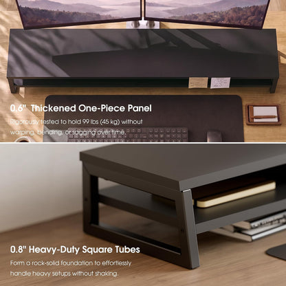 Dual Monitor Riser for Desk, Open Shelf with 3 Storage Compartments