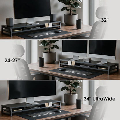 Dual Monitor Riser for Desk, Open Shelf with 3 Storage Compartments