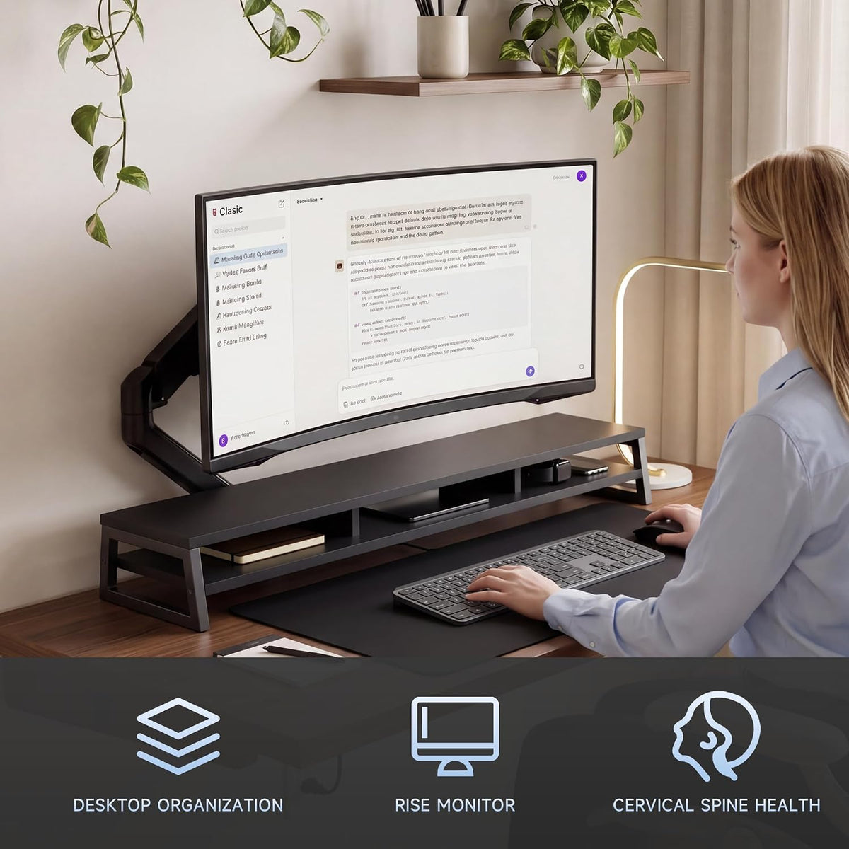 Dual Monitor Riser for Desk, Open Shelf with 3 Storage Compartments