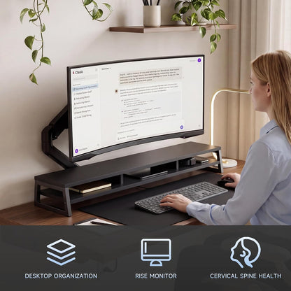 Dual Monitor Riser for Desk, Open Shelf with 3 Storage Compartments