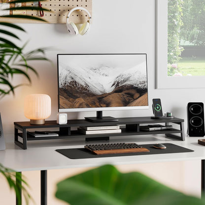 Dual Monitor Riser for Desk, Open Shelf with 3 Storage Compartments