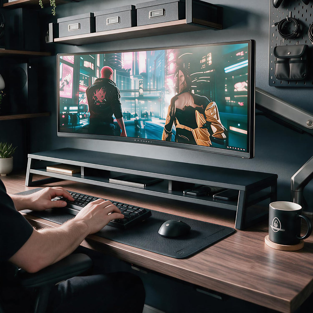 Dual Monitor Riser for Desk, Open Shelf with 3 Storage Compartments