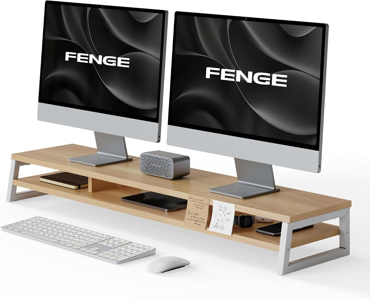Dual Monitor Riser for Desk, Open Shelf with 3 Storage Compartments