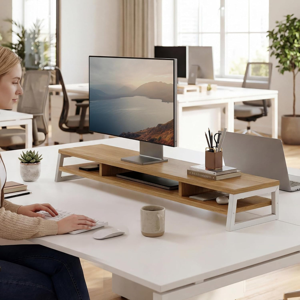 Dual Monitor Riser for Desk, Open Shelf with 3 Storage Compartments