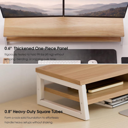 Dual Monitor Riser for Desk, Open Shelf with 3 Storage Compartments