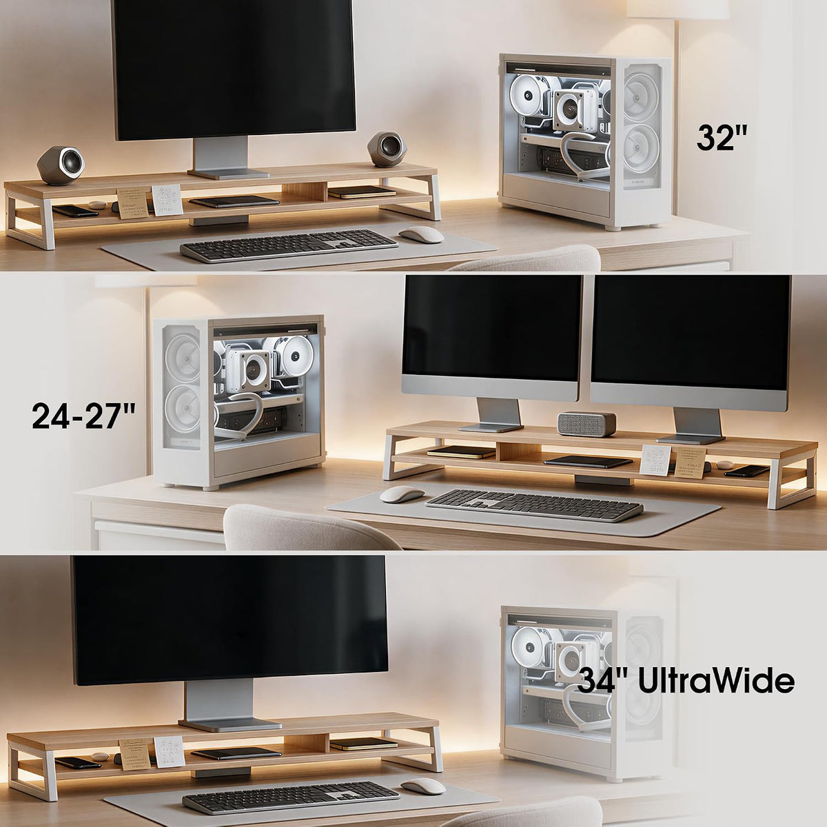 Dual Monitor Riser for Desk, Open Shelf with 3 Storage Compartments
