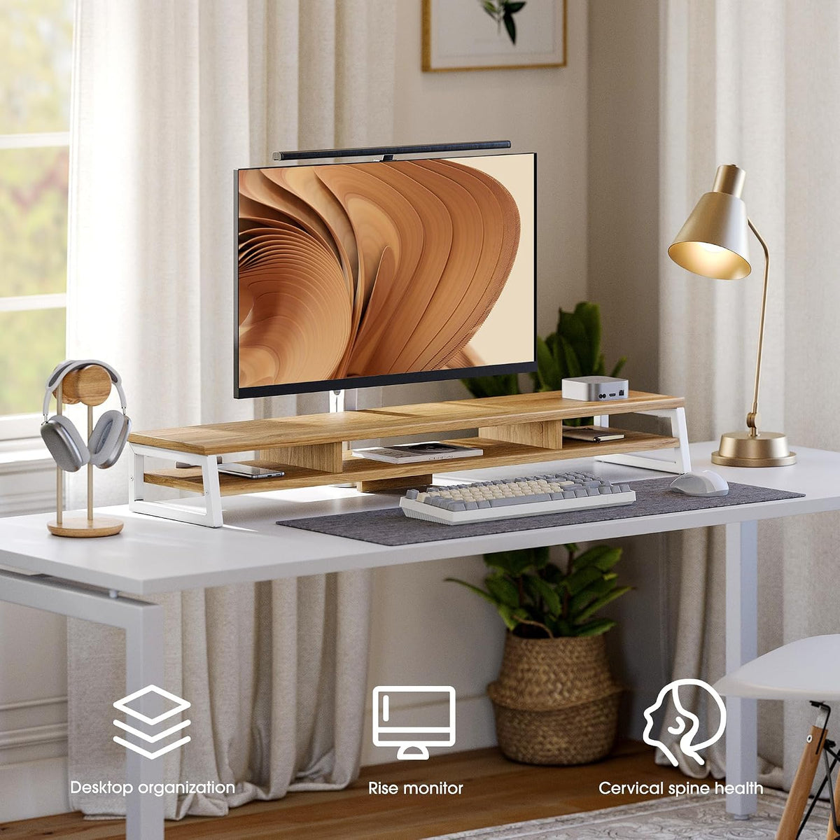 Dual Monitor Riser for Desk, Open Shelf with 3 Storage Compartments