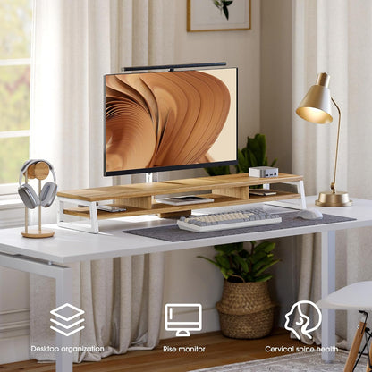 Dual Monitor Riser for Desk, Open Shelf with 3 Storage Compartments