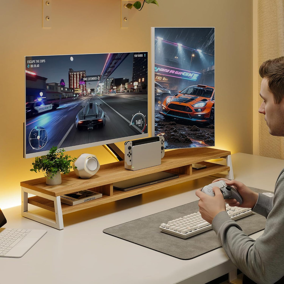 Dual Monitor Riser for Desk, Open Shelf with 3 Storage Compartments
