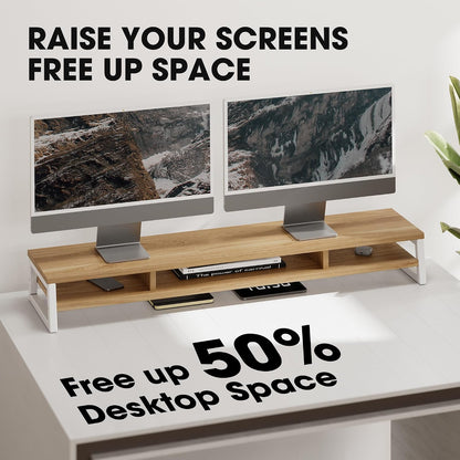Dual Monitor Riser for Desk, Open Shelf with 3 Storage Compartments