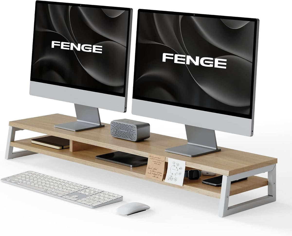 Dual Monitor Riser for Desk, Open Shelf with 3 Storage Compartments