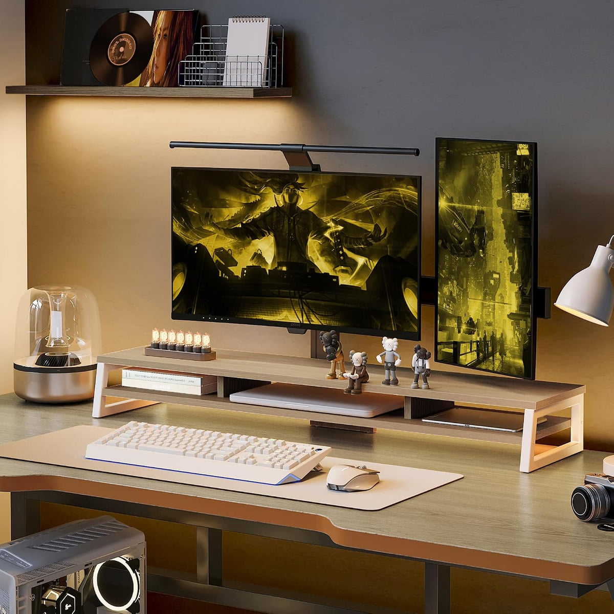 Dual Monitor Riser for Desk, Open Shelf with 3 Storage Compartments