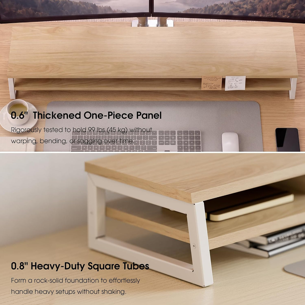 Dual Monitor Riser for Desk, Open Shelf with 3 Storage Compartments