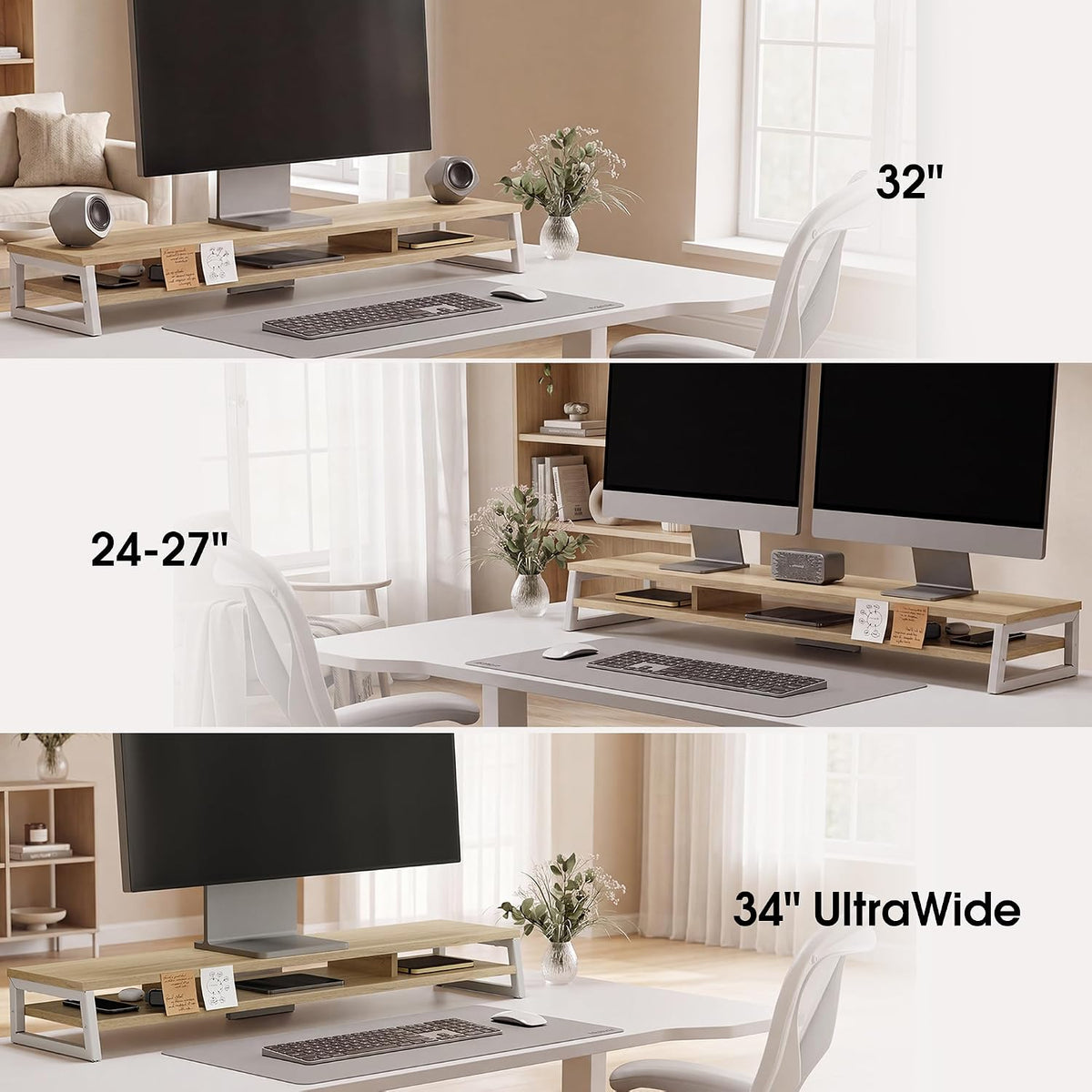 Dual Monitor Riser for Desk, Open Shelf with 3 Storage Compartments
