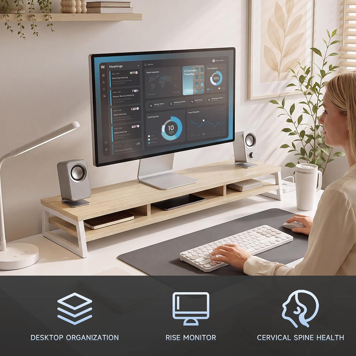 Dual Monitor Riser for Desk, Open Shelf with 3 Storage Compartments