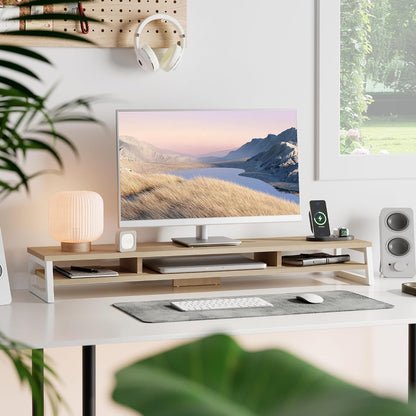 Dual Monitor Riser for Desk, Open Shelf with 3 Storage Compartments