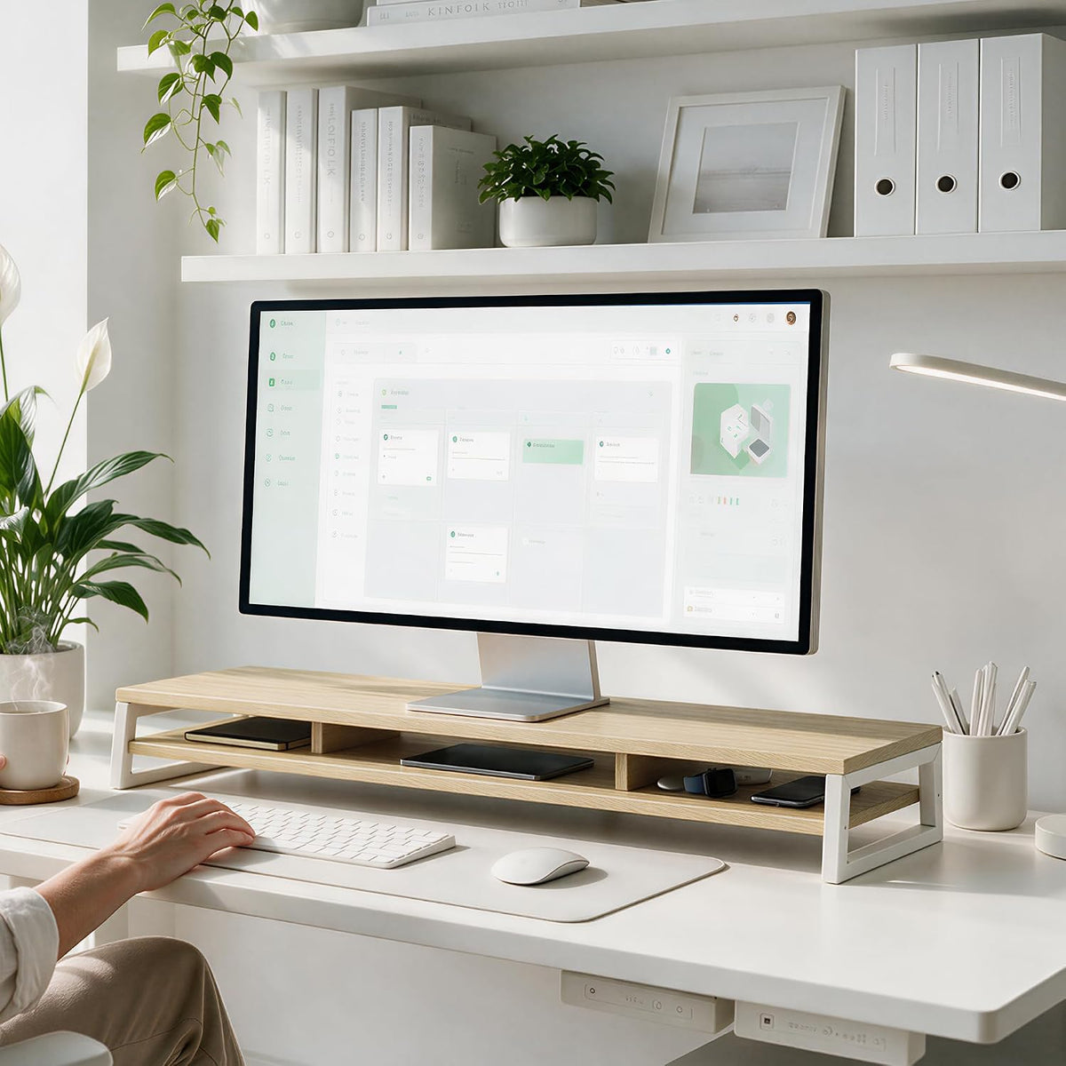 Dual Monitor Riser for Desk, Open Shelf with 3 Storage Compartments