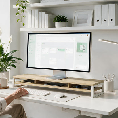 Dual Monitor Riser for Desk, Open Shelf with 3 Storage Compartments