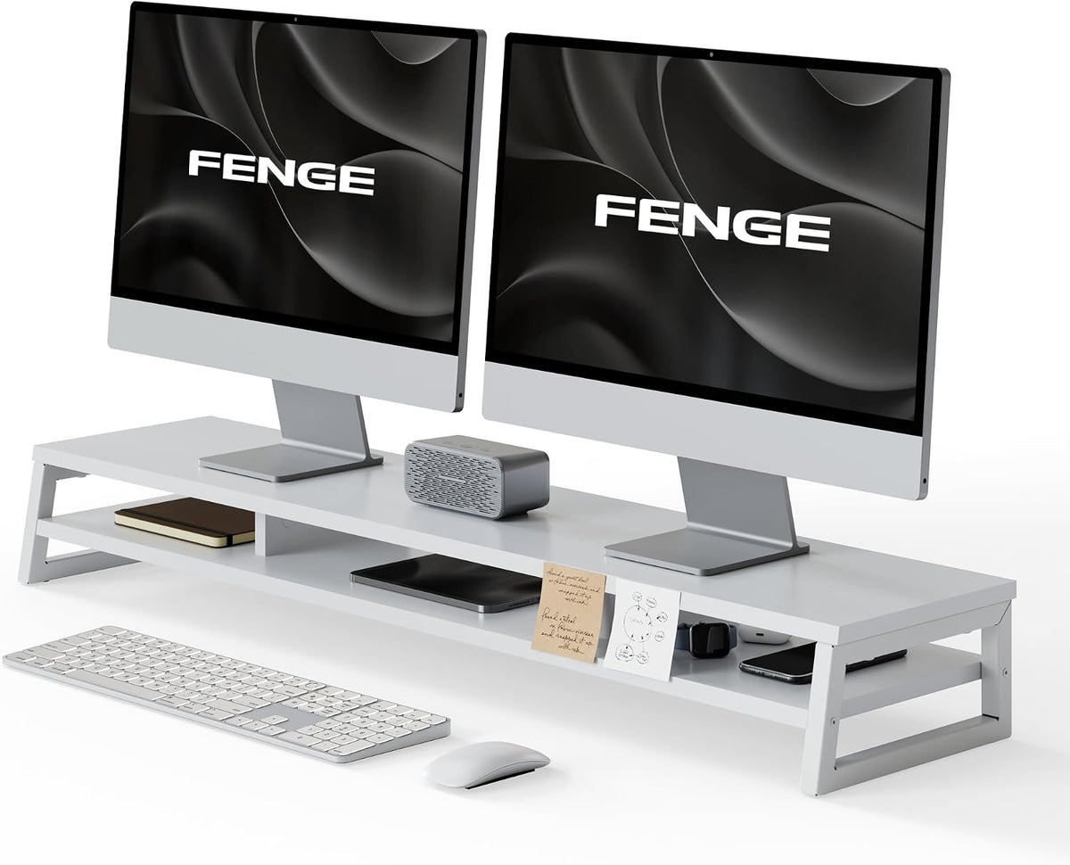 Dual Monitor Riser for Desk, Open Shelf with 3 Storage Compartments