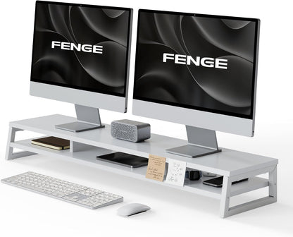 Dual Monitor Riser for Desk, Open Shelf with 3 Storage Compartments