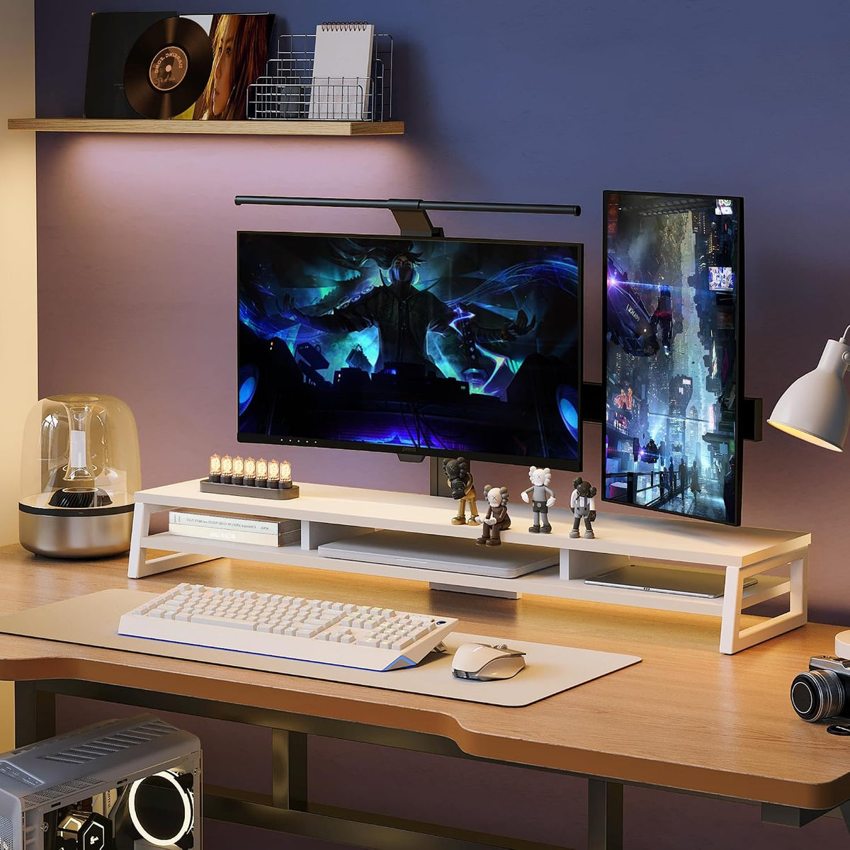 Dual Monitor Riser for Desk, Open Shelf with 3 Storage Compartments