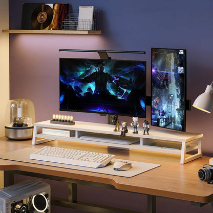 Dual Monitor Riser for Desk, Open Shelf with 3 Storage Compartments