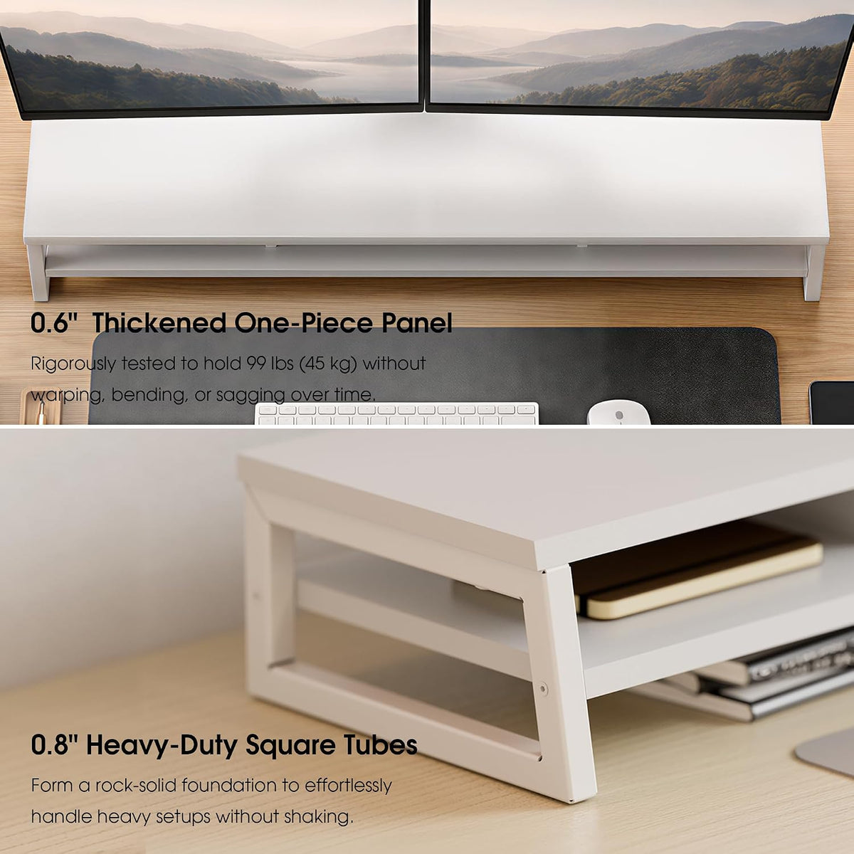 Dual Monitor Riser for Desk, Open Shelf with 3 Storage Compartments