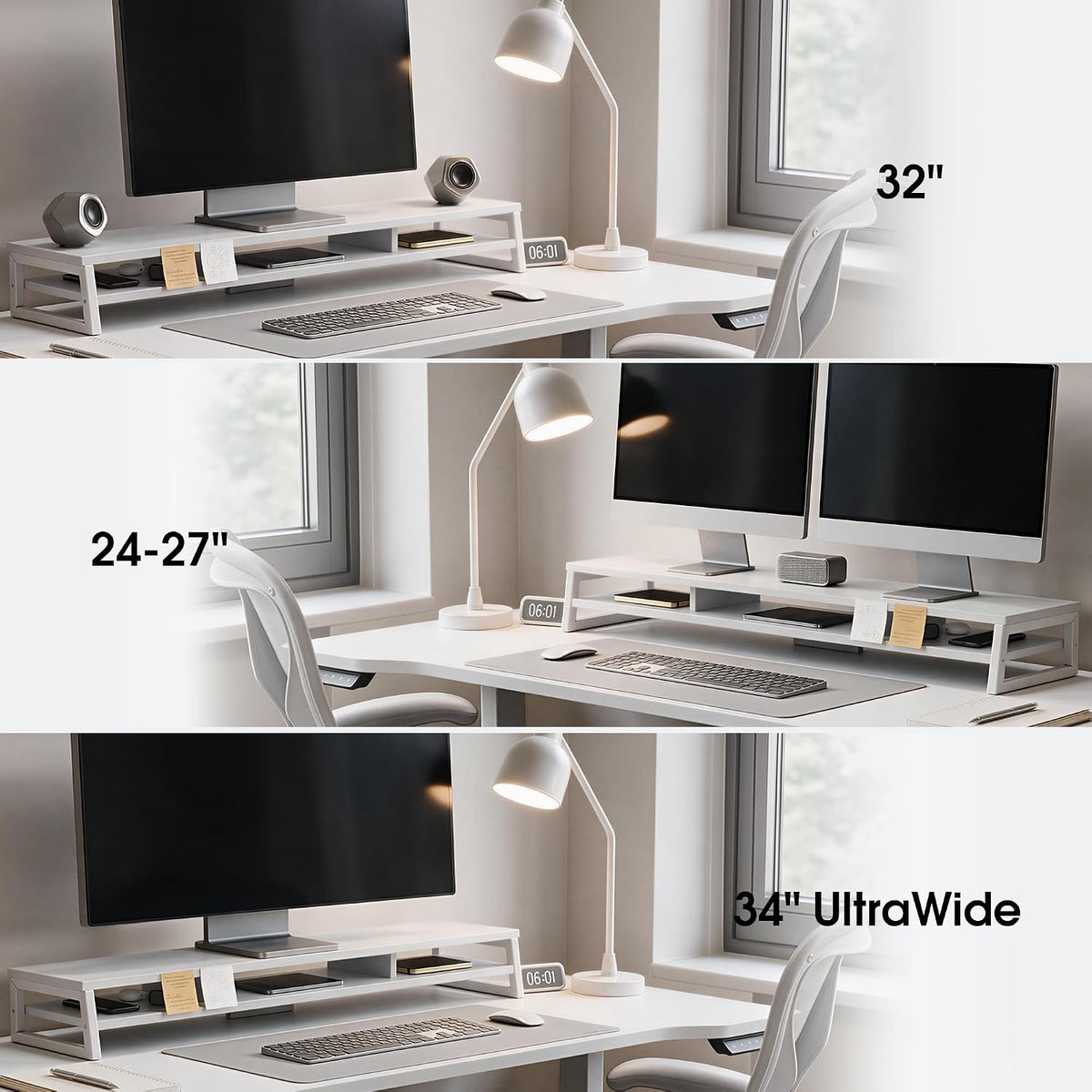 Dual Monitor Riser for Desk, Open Shelf with 3 Storage Compartments
