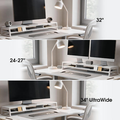Dual Monitor Riser for Desk, Open Shelf with 3 Storage Compartments