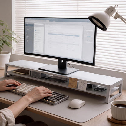 Dual Monitor Riser for Desk, Open Shelf with 3 Storage Compartments