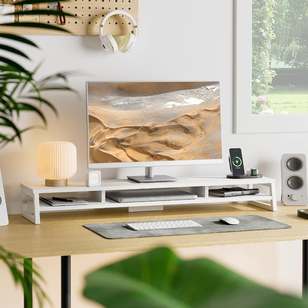 Dual Monitor Riser for Desk, Open Shelf with 3 Storage Compartments