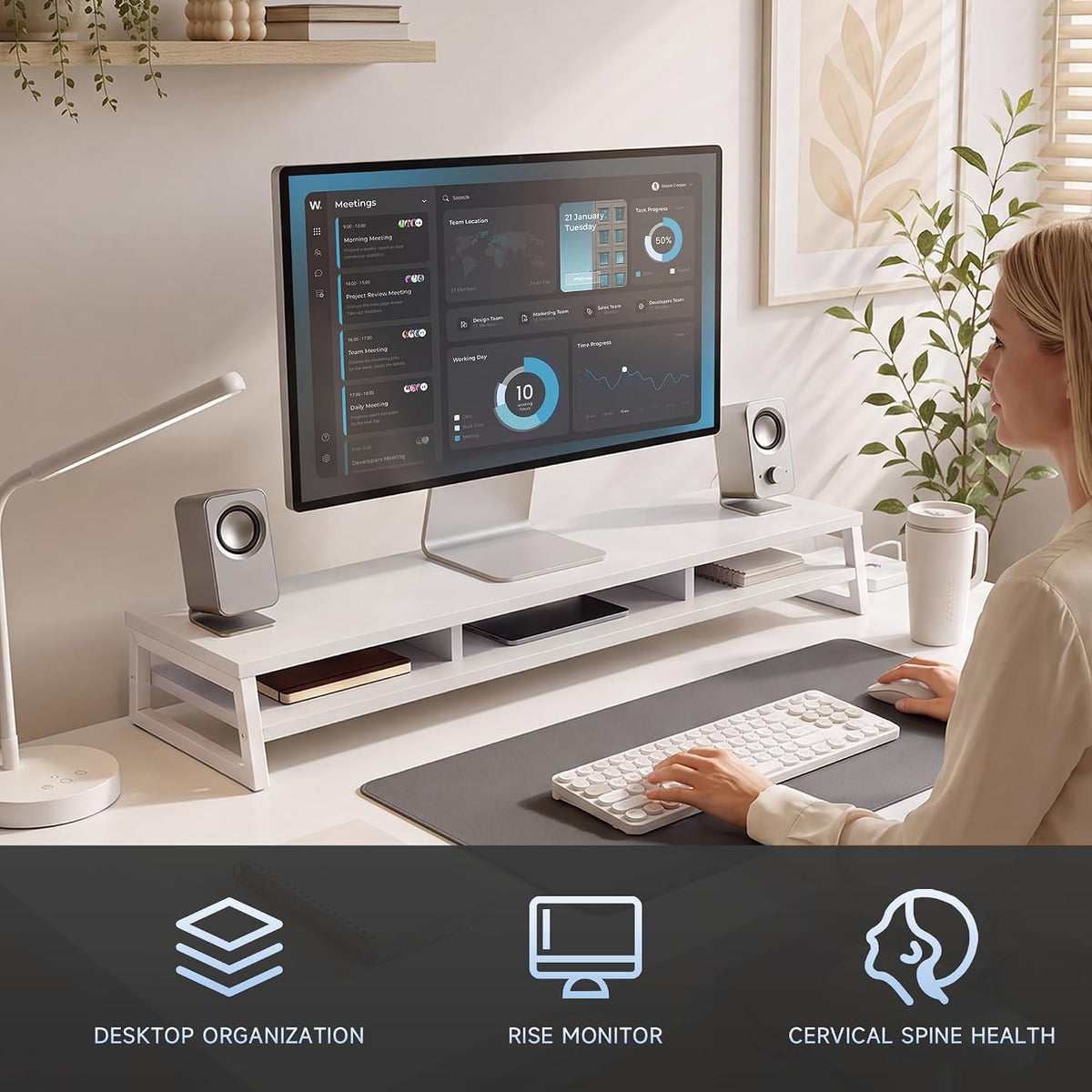 Dual Monitor Riser for Desk, Open Shelf with 3 Storage Compartments