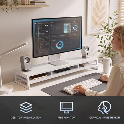 Dual Monitor Riser for Desk, Open Shelf with 3 Storage Compartments