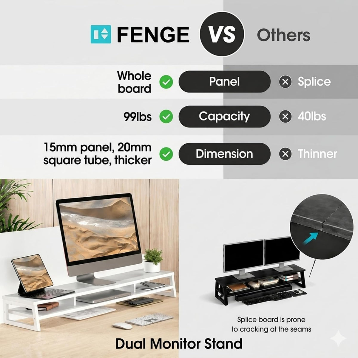 Dual Monitor Riser for Desk, Open Shelf with 3 Storage Compartments