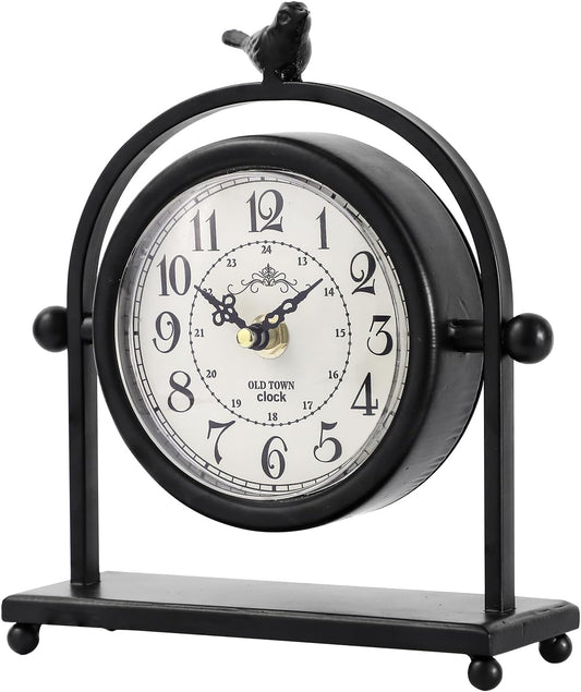 Vintage Farmhouse Table Clock with Bird Topper, Silent Non-Ticking Mantel Clock with Closable Back Cover, Black Iron Decorative Desk Clock for Living Room, Fireplace Mantel & Bedroom, 8 Inch