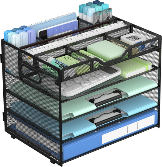 5 Tier Mesh Desk Organizer with Removable Tray&Pen Holder, Black
