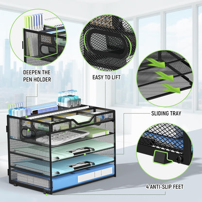 5 Tier Mesh Desk Organizer with Removable Tray&Pen Holder, Black