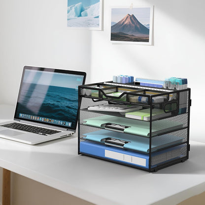 5 Tier Mesh Desk Organizer with Removable Tray&Pen Holder, Black