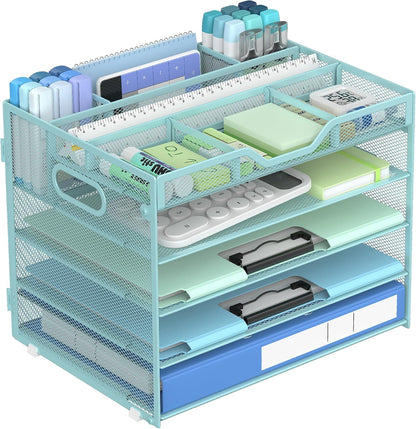 5 Tier Mesh Desk Organizer with Removable Tray&Pen Holder, Black