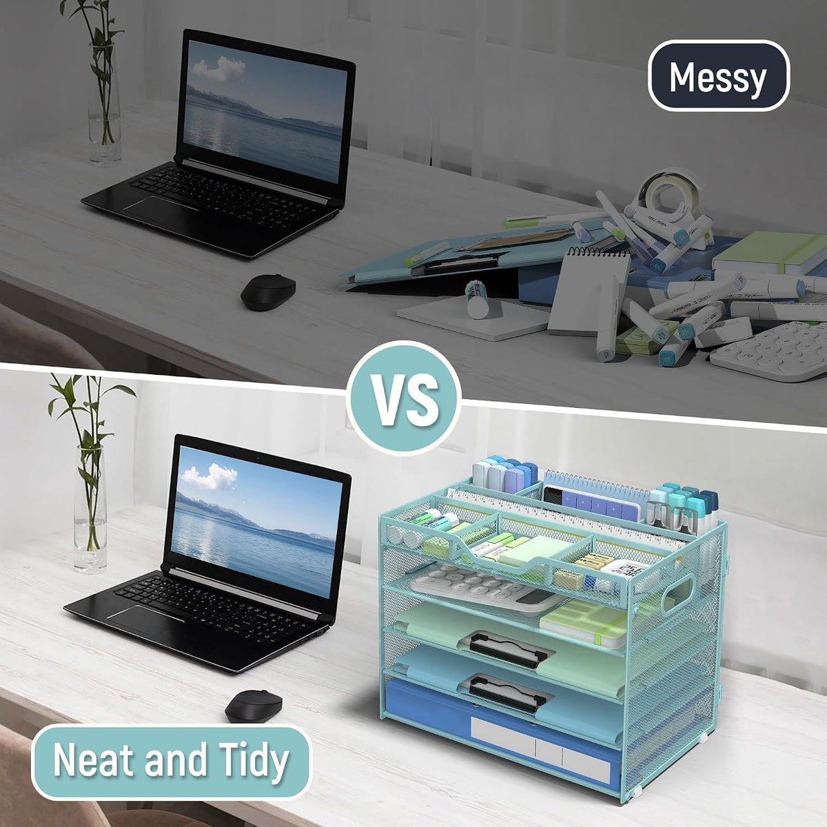 5 Tier Mesh Desk Organizer with Removable Tray&Pen Holder, Black