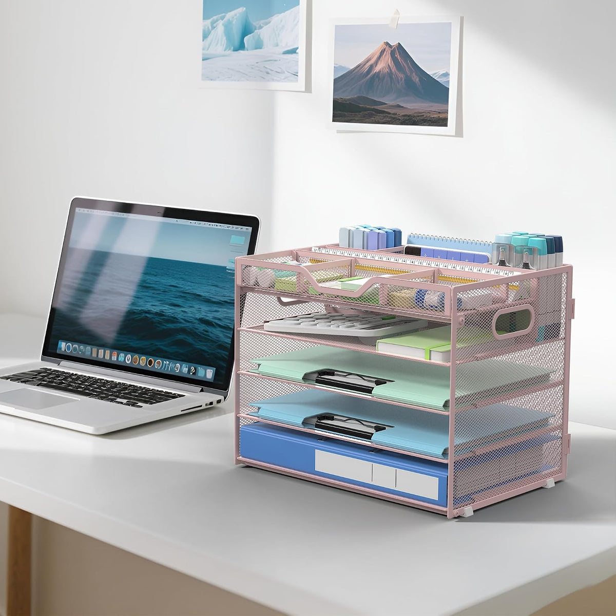 5 Tier Mesh Desk Organizer with Removable Tray&Pen Holder, Black
