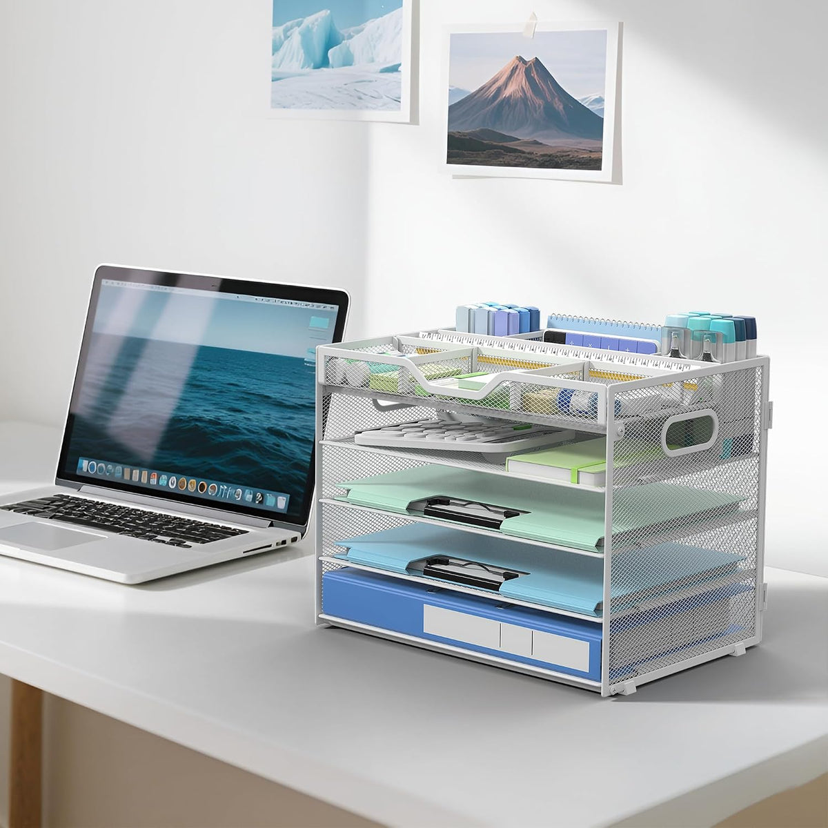 5 Tier Mesh Desk Organizer with Removable Tray&Pen Holder, Black