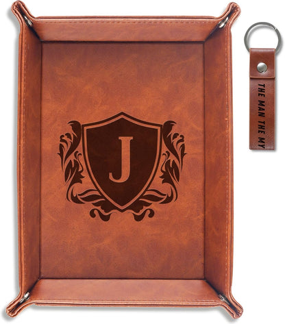 Initial Valet Tray, Desktop Storage Organizer, PU Leather Bedside Tray Key Coin Holder, Personalised Gifts for Men, Birthday, Christmas, Letter J