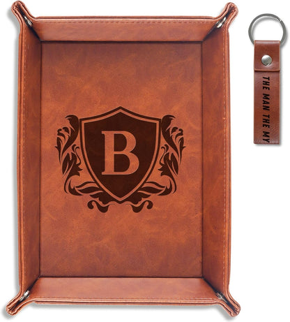Initial Valet Tray, Desktop Storage Organizer, PU Leather Bedside Tray Key Coin Holder, Personalised Gifts for Men, Birthday, Christmas, Letter J