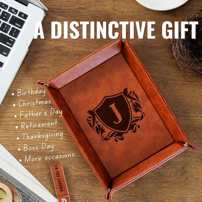 Initial Valet Tray, Desktop Storage Organizer, PU Leather Bedside Tray Key Coin Holder, Personalised Gifts for Men, Birthday, Christmas, Letter J
